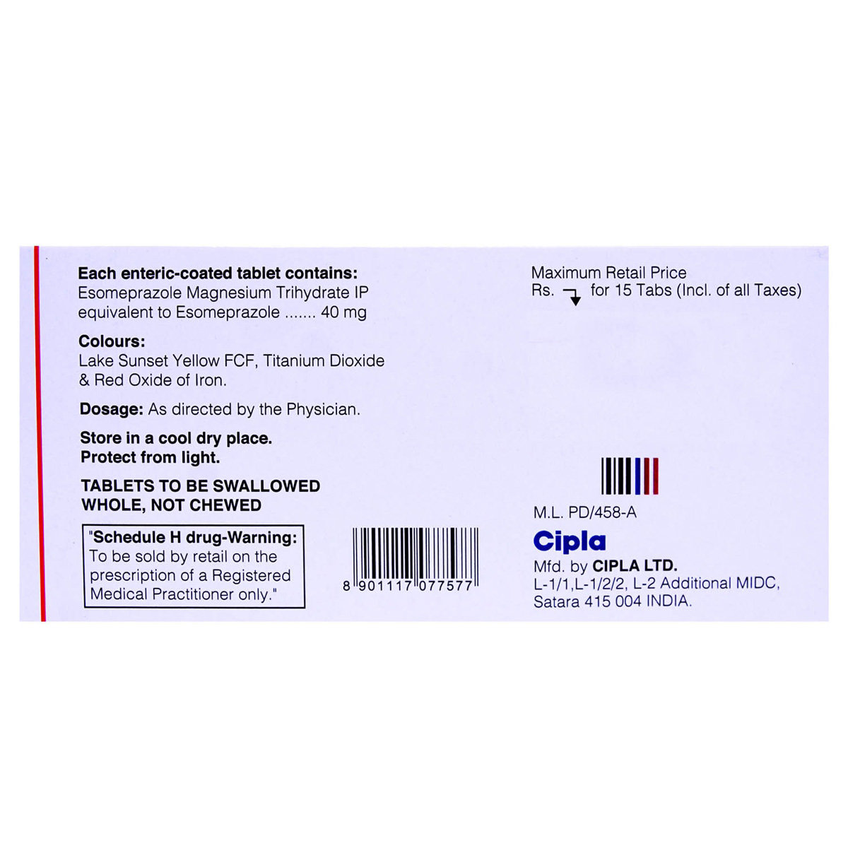 Esomac 40 Tablet 15's, Pack of 15 TABLETS Esomac 40 Tablet 15's, Pack of 15 TABLETS