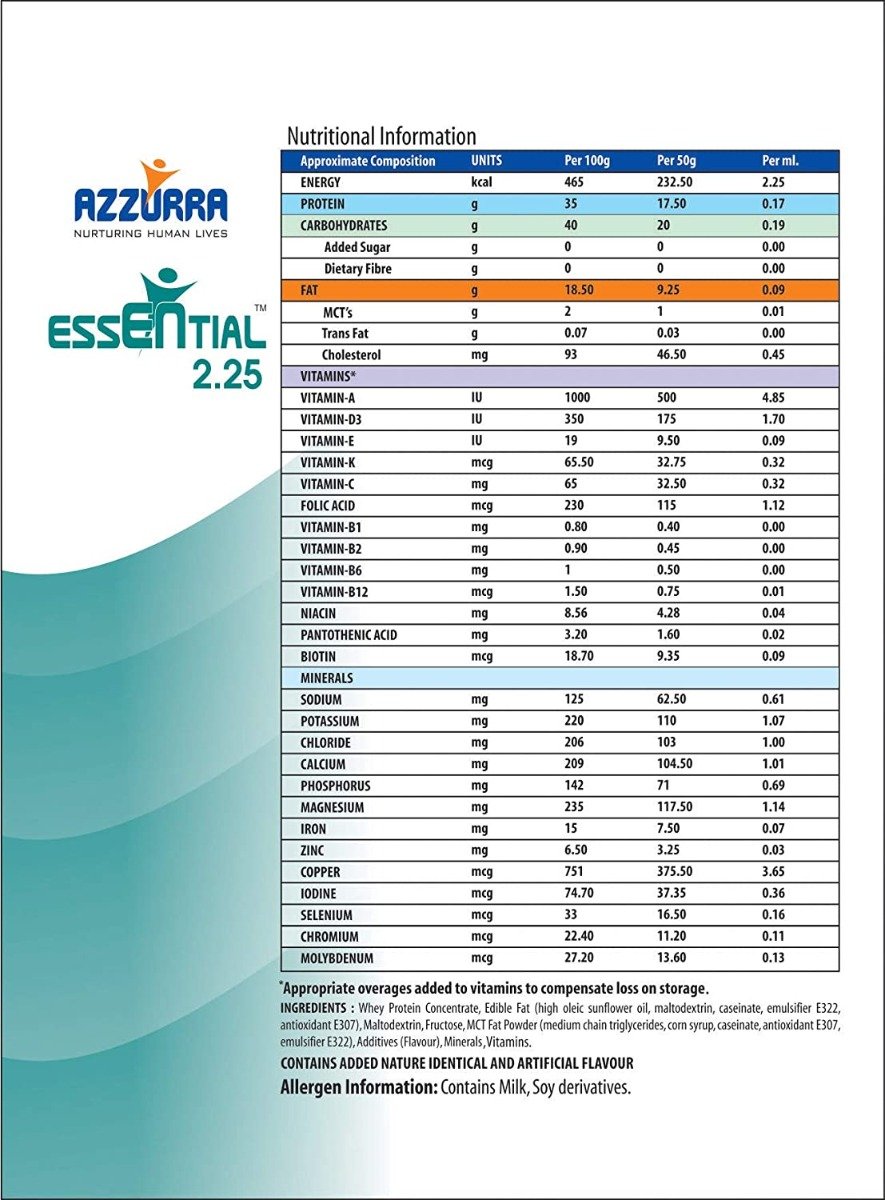 Essential 2.25 Vanilla Flavour High Calorie Nutrition Powder, 400 gm Tin, Pack of 1 Essential 2.25 Vanilla Flavour High Calorie Nutrition Powder, 400 gm Tin, Pack of 1