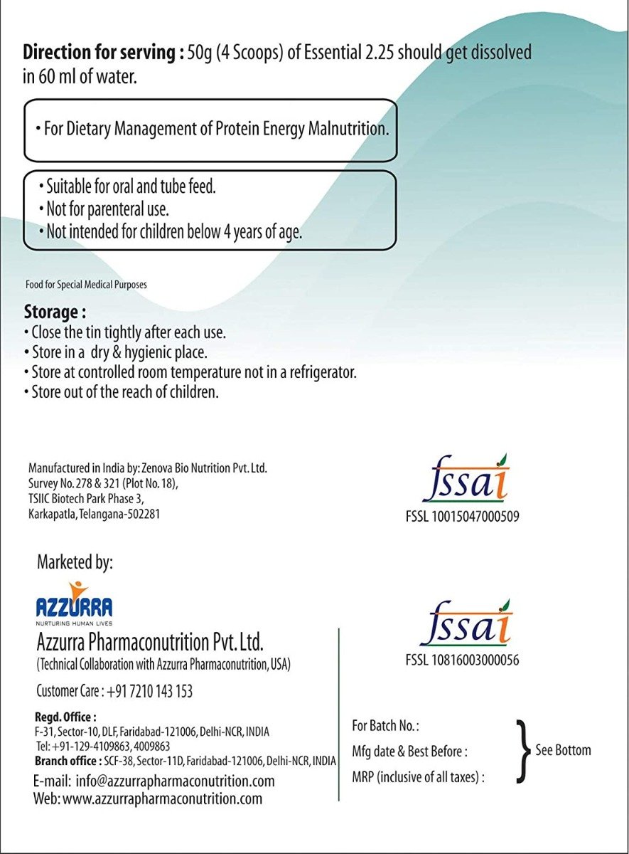 Essential 2.25 Vanilla Flavour High Calorie Nutrition Powder, 400 gm Tin, Pack of 1 Essential 2.25 Vanilla Flavour High Calorie Nutrition Powder, 400 gm Tin, Pack of 1