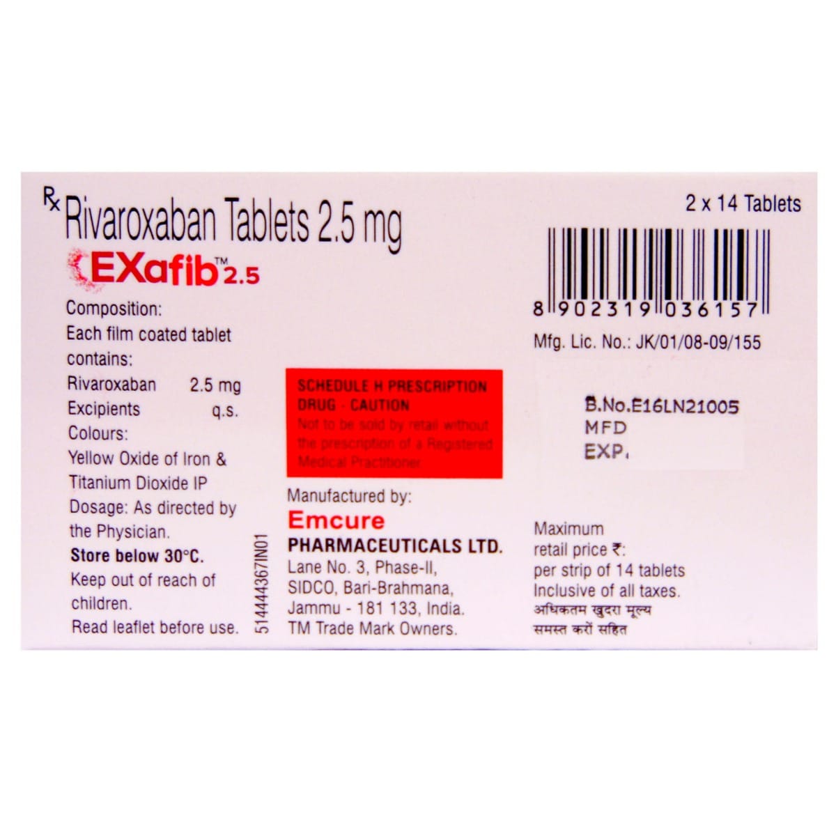 Exafib 2.5mg Tablet 14's, Pack of 14 TABLETS Exafib 2.5mg Tablet 14's, Pack of 14 TABLETS