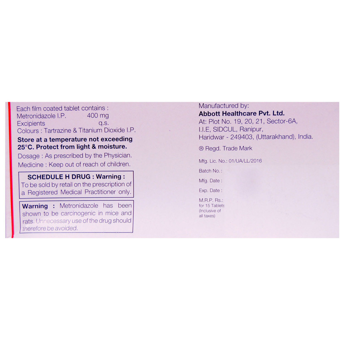 Flagyl 400 Tablet 15's, Pack of 15 TABLETS Flagyl 400 Tablet 15's, Pack of 15 TABLETS