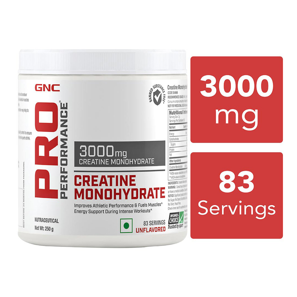 GNC PRO Performance Creatine Monohydrate 3000 mg Unflavored Powder, 250 gm, Pack of 1 GNC PRO Performance Creatine Monohydrate 3000 mg Unflavored Powder, 250 gm, Pack of 1