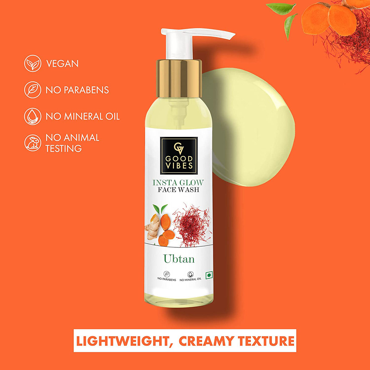 Good Vibes Ubtan Insta Glow Face Wash 120 ml | Saffron, Turmeric & Vitamin B3 | Gentle Cleansing | For Bright & Even Skin Tone | For All Skin Type, Pack of 1 Good Vibes Ubtan Insta Glow Face Wash 120 ml | Saffron, Turmeric & Vitamin B3 | Gentle Cleansing | For Bright & Even Skin Tone | For All Skin Type, Pack of 1