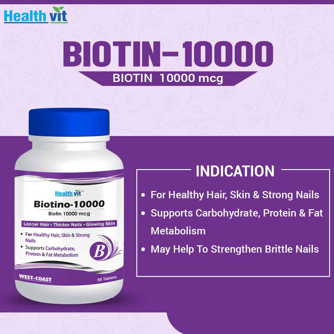 Healthvit Biotino 10000, 60 Tablets, Pack of 1 Healthvit Biotino 10000, 60 Tablets, Pack of 1