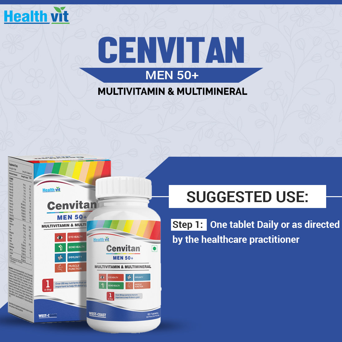Healthvit Cenvitan Men 50+ Multivitamins & Multimineral, 60 Tablets, Pack of 1 Healthvit Cenvitan Men 50+ Multivitamins & Multimineral, 60 Tablets, Pack of 1