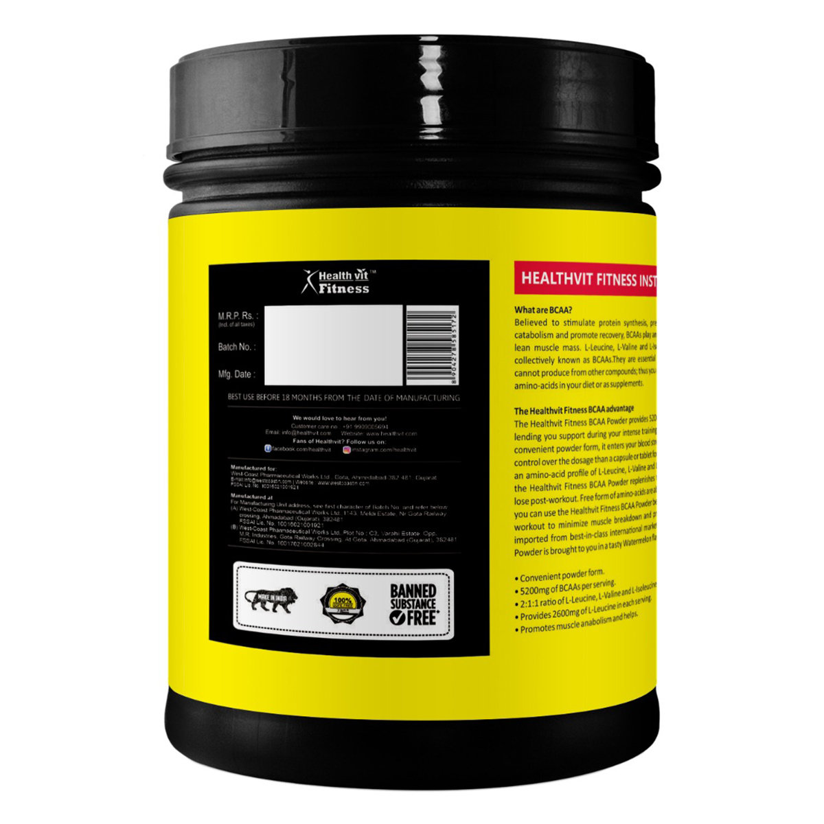 Healthvit Fitness 100% Micronized BCAA 5200mg 2:1:1 Watermelon Flavour, 200 gm, Pack of 1 Healthvit Fitness 100% Micronized BCAA 5200mg 2:1:1 Watermelon Flavour, 200 gm, Pack of 1