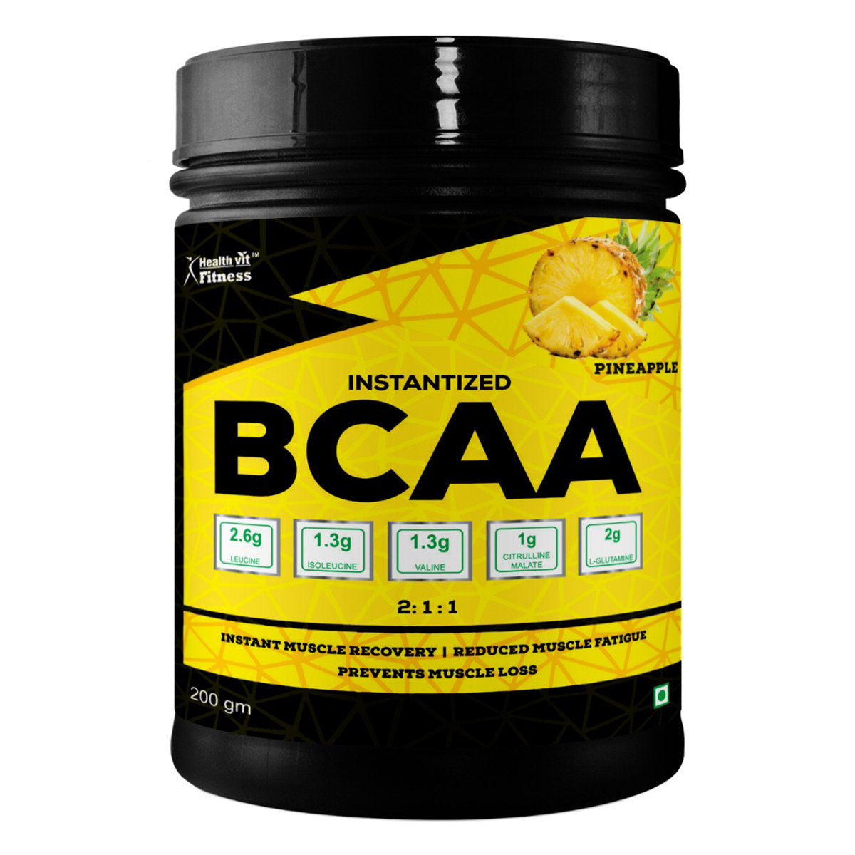 Healthvit Fitness 100% Micronized BCAA 5200mg 2:1:1 Pineapple Flavour, 200 gm, Pack of 1 Healthvit Fitness 100% Micronized BCAA 5200mg 2:1:1 Pineapple Flavour, 200 gm, Pack of 1