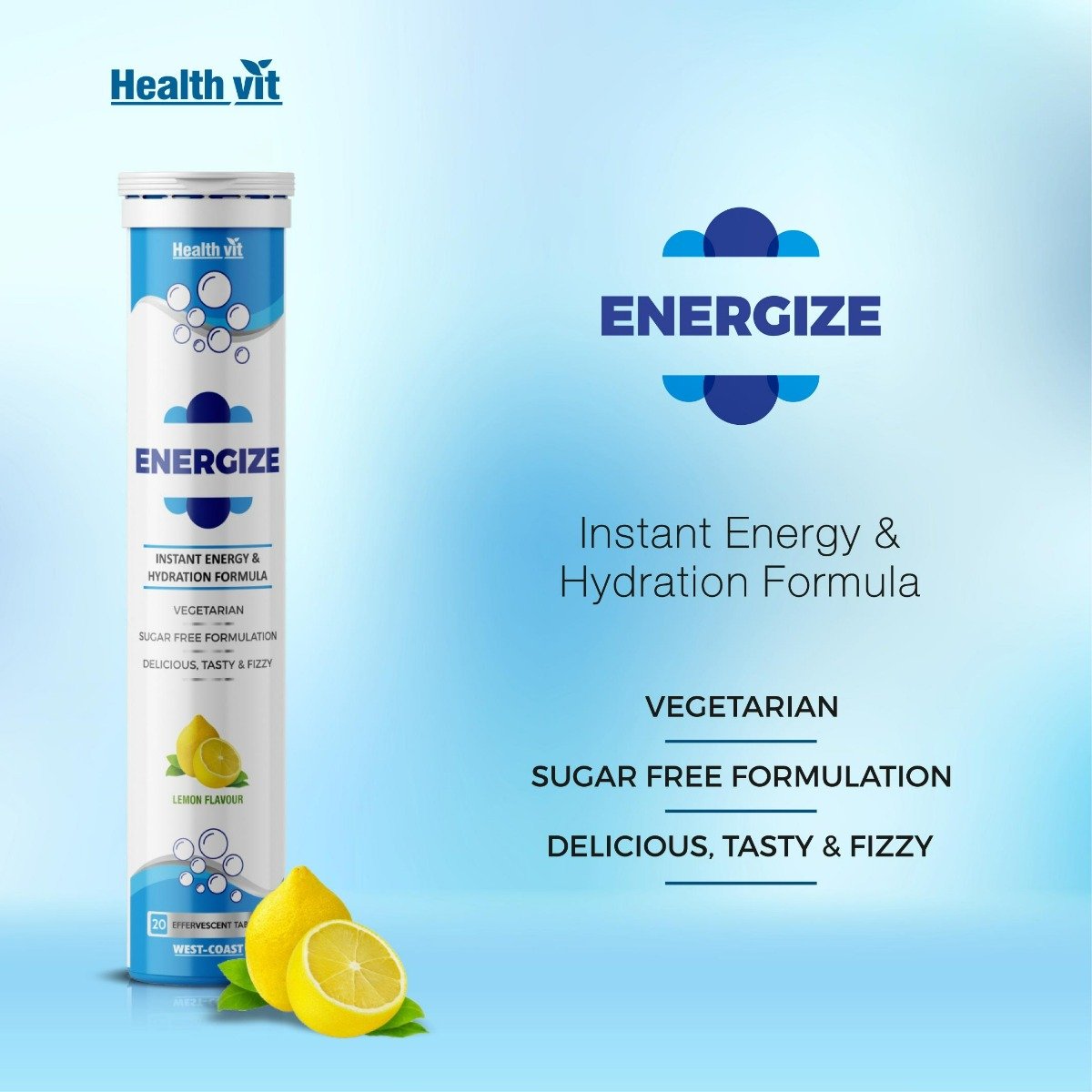 Healthvit Energize Instant Energy & Hydration Formula Lemon Flavour Effervescent, 20 Tablets, Pack of 1 Healthvit Energize Instant Energy & Hydration Formula Lemon Flavour Effervescent, 20 Tablets, Pack of 1
