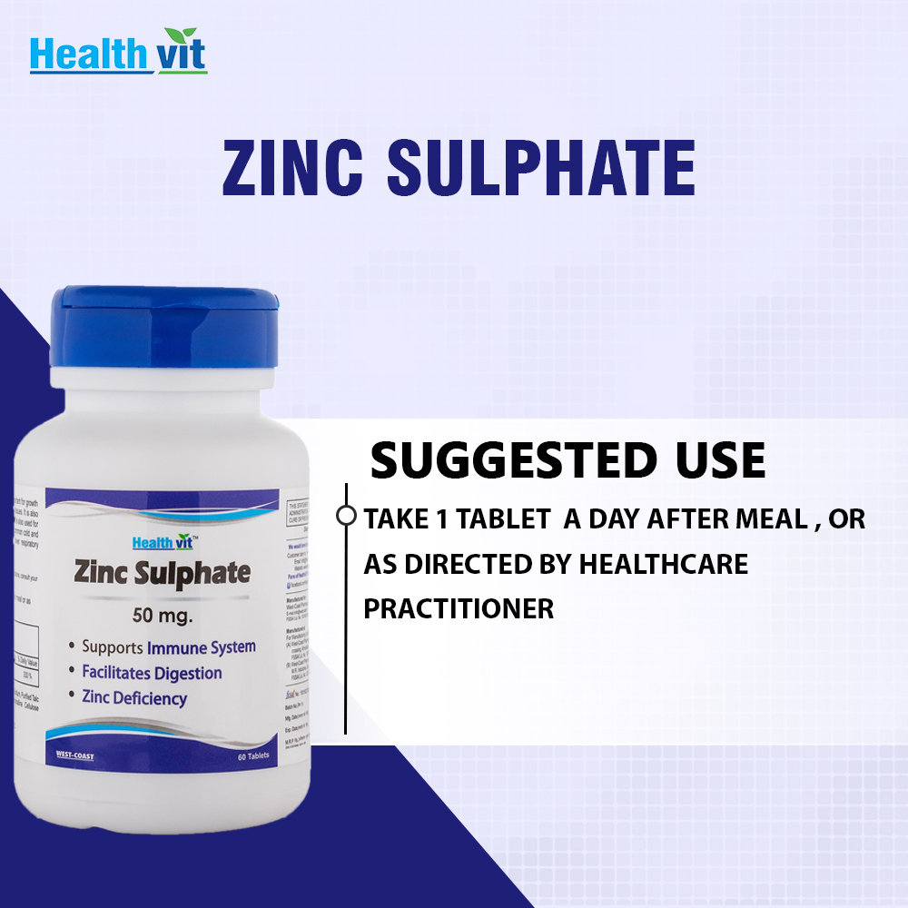 Healthvit Zinc Sulphate 50 mg, 60 Tablets, Pack of 1 Healthvit Zinc Sulphate 50 mg, 60 Tablets, Pack of 1