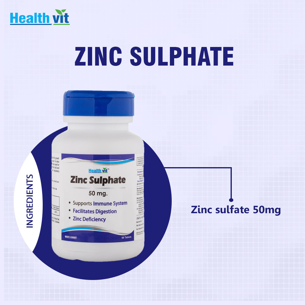 Healthvit Zinc Sulphate 50 mg, 60 Tablets, Pack of 1 Healthvit Zinc Sulphate 50 mg, 60 Tablets, Pack of 1