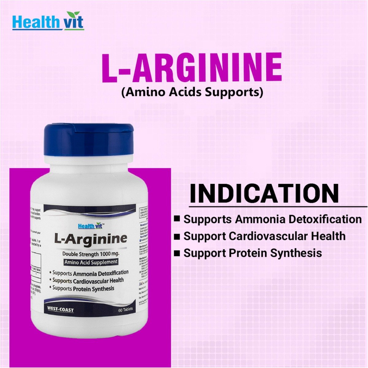 Healthvit L-Arginine 1000 mg Amino Acid Supplement, 60 Tablets, Pack of 1 Healthvit L-Arginine 1000 mg Amino Acid Supplement, 60 Tablets, Pack of 1