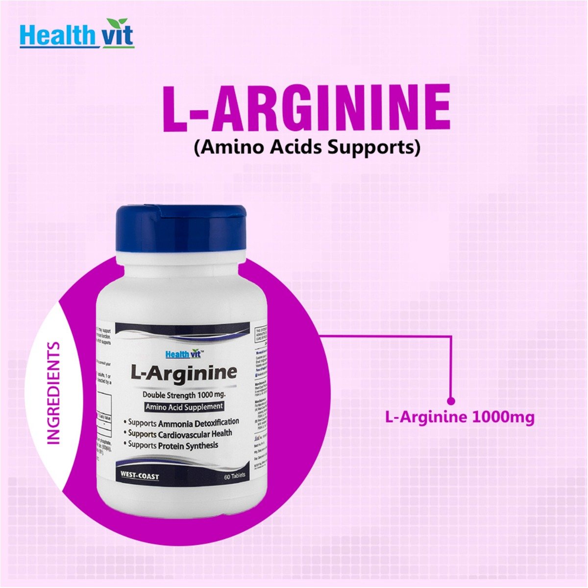 Healthvit L-Arginine 1000 mg Amino Acid Supplement, 60 Tablets, Pack of 1 Healthvit L-Arginine 1000 mg Amino Acid Supplement, 60 Tablets, Pack of 1