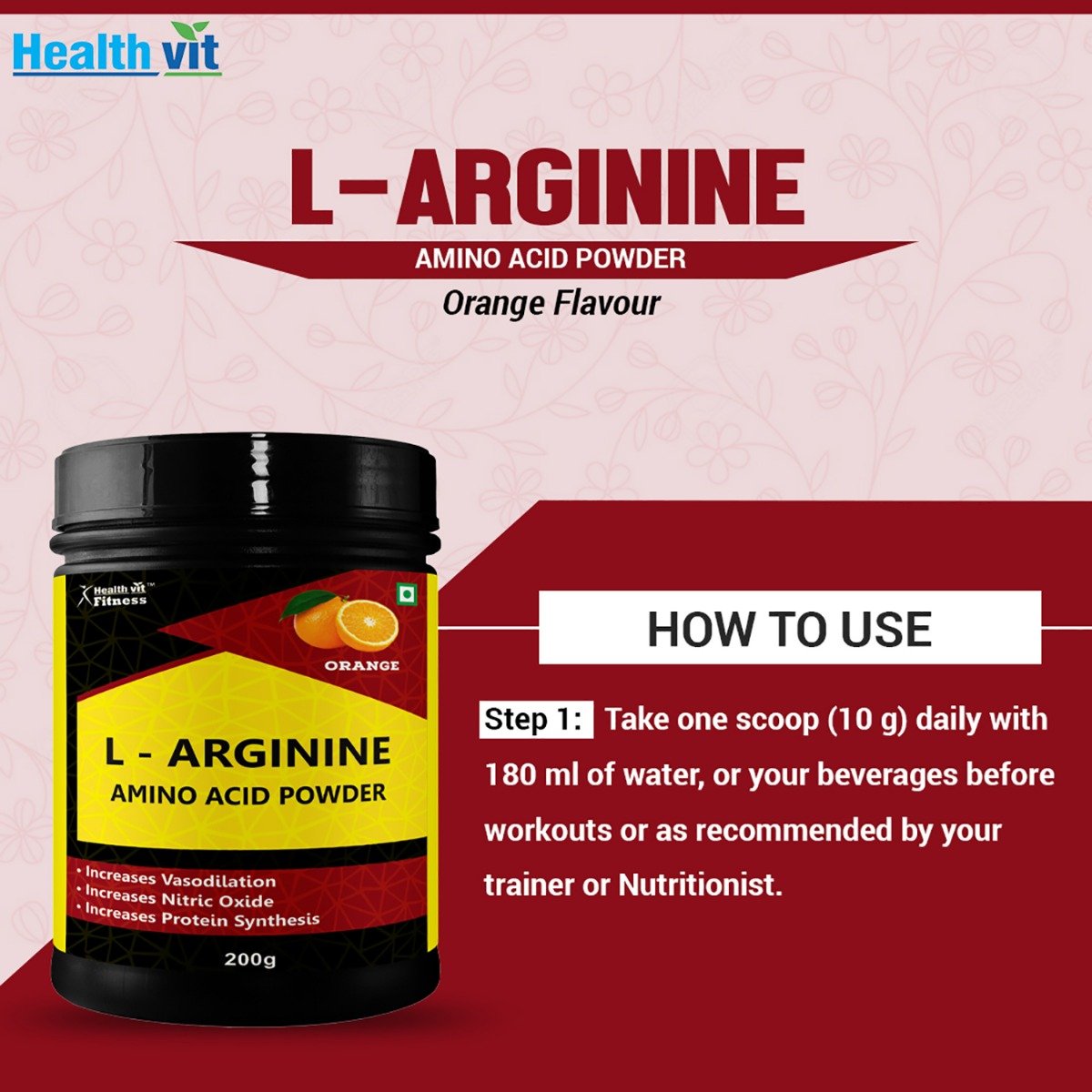 Healthvit Fitness L-Arginine Amino Acid Orange Flavour Powder, 200 gm, Pack of 1 Healthvit Fitness L-Arginine Amino Acid Orange Flavour Powder, 200 gm, Pack of 1