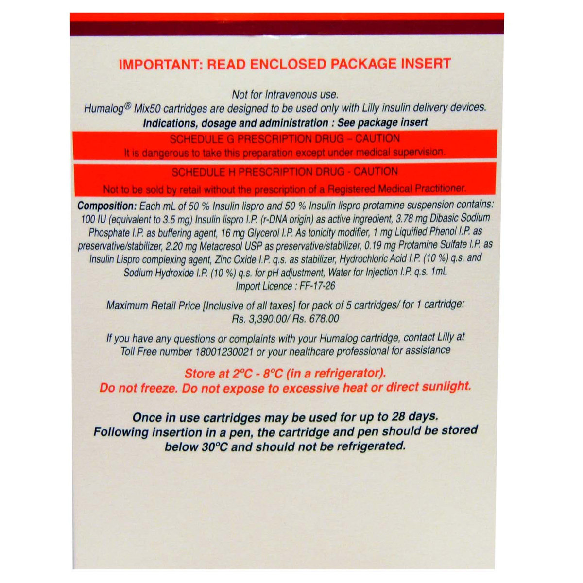 Humalog Mix 50 100IU/ml Cartridge 3 ml, Pack of 1 INJECTION Humalog Mix 50 100IU/ml Cartridge 3 ml, Pack of 1 INJECTION