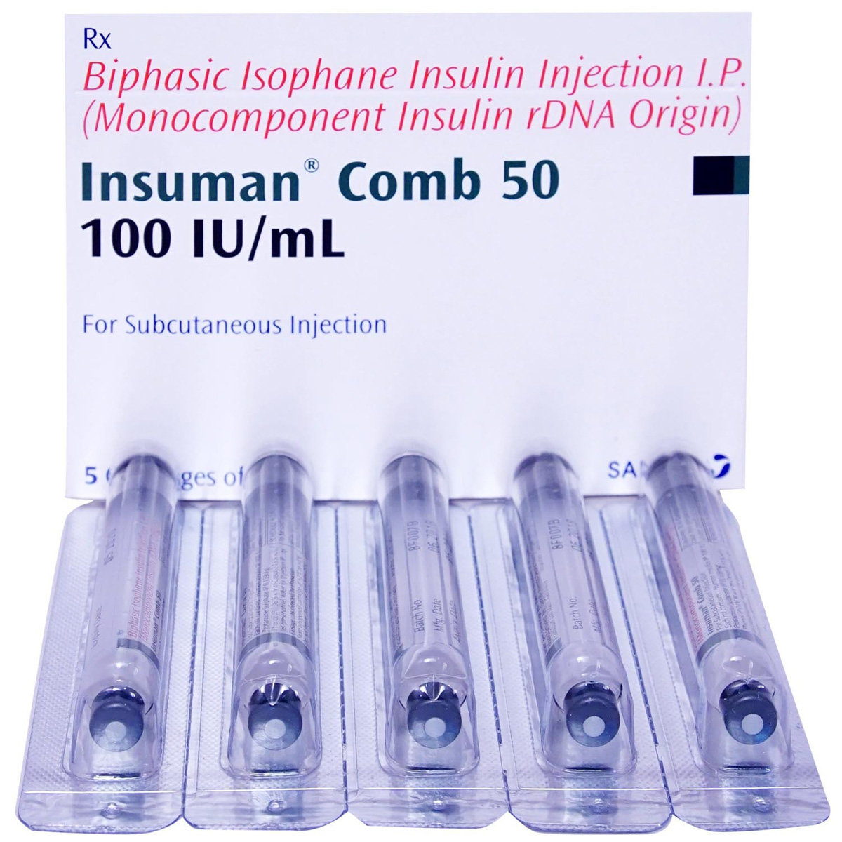 Insuman Comb 50 100IU/ml Cartridges 5x3 ml, Pack of 5 INJECTIONS Insuman Comb 50 100IU/ml Cartridges 5x3 ml, Pack of 5 INJECTIONS
