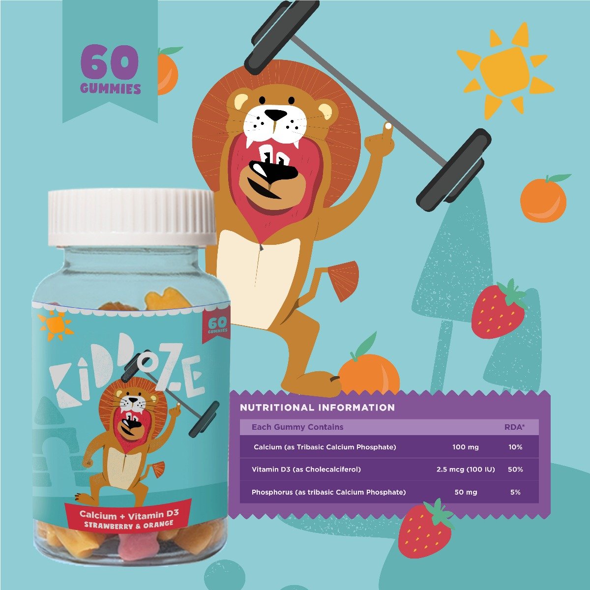 Kiddoze Calcium + Vitamin D3 Strawberry & Orange Gummies, 60 Count, Pack of 1 Kiddoze Calcium + Vitamin D3 Strawberry & Orange Gummies, 60 Count, Pack of 1
