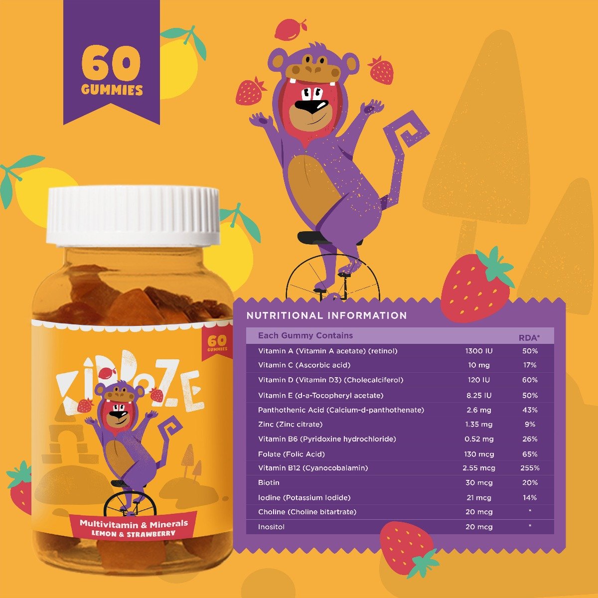 Kiddoze Multivitamins & Minerals Lemon & Strawberry Gummies, 60 Count, Pack of 1 Kiddoze Multivitamins & Minerals Lemon & Strawberry Gummies, 60 Count, Pack of 1