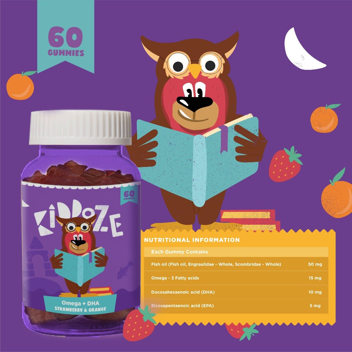 Kiddoze Omega + DHA Strawberry & Orange Gummies, 60 Count, Pack of 1 Kiddoze Omega + DHA Strawberry & Orange Gummies, 60 Count, Pack of 1