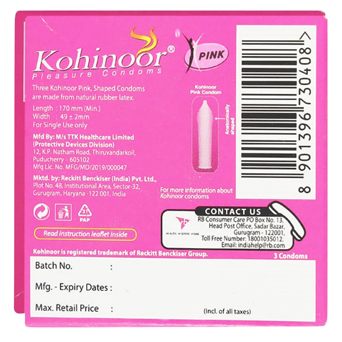 Kohinoor Pink Condoms, 3 Count, Pack of 1 Kohinoor Pink Condoms, 3 Count, Pack of 1
