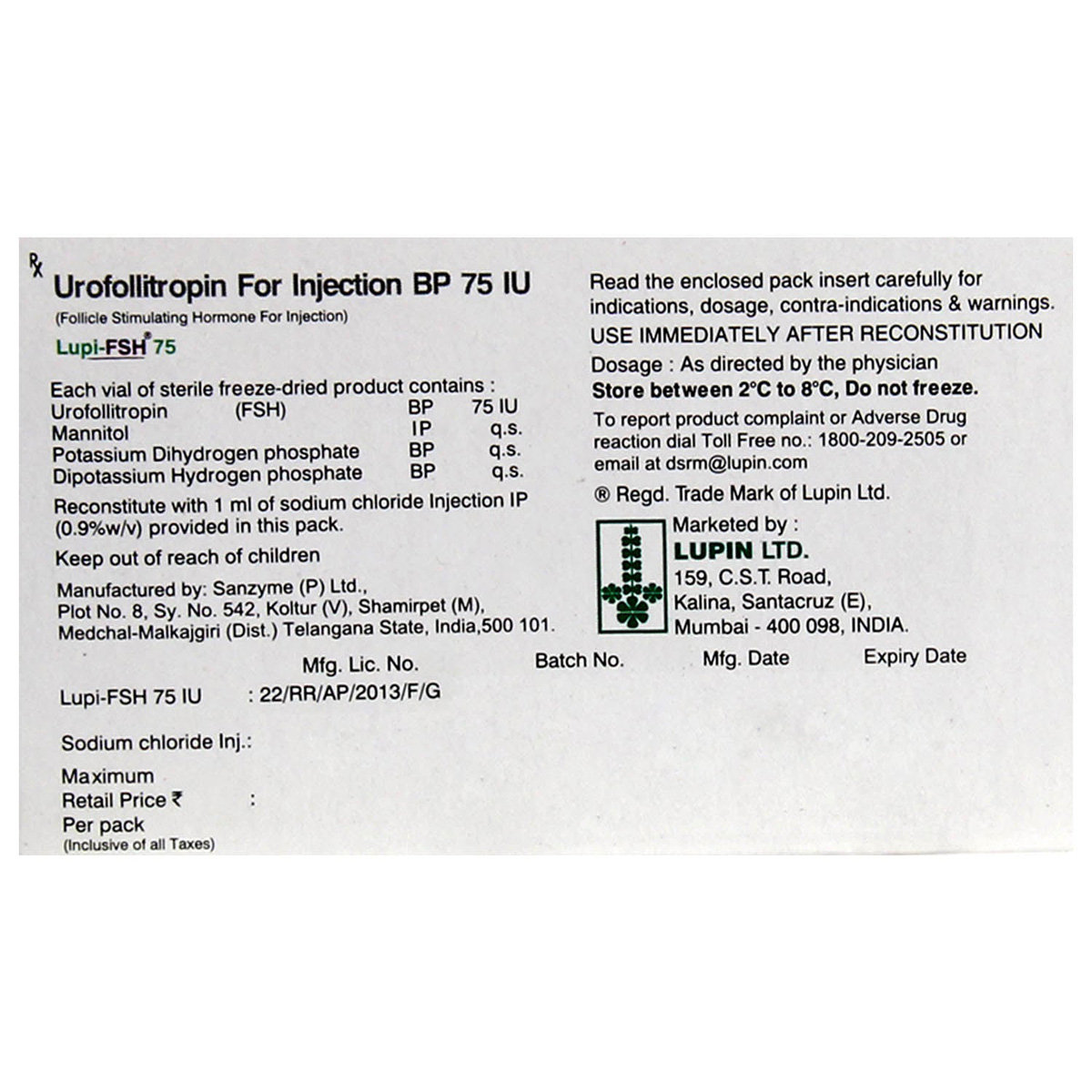 Lupi-FSH 75IU Injection 2 ml, Pack of 1 INJECTION Lupi-FSH 75IU Injection 2 ml, Pack of 1 INJECTION