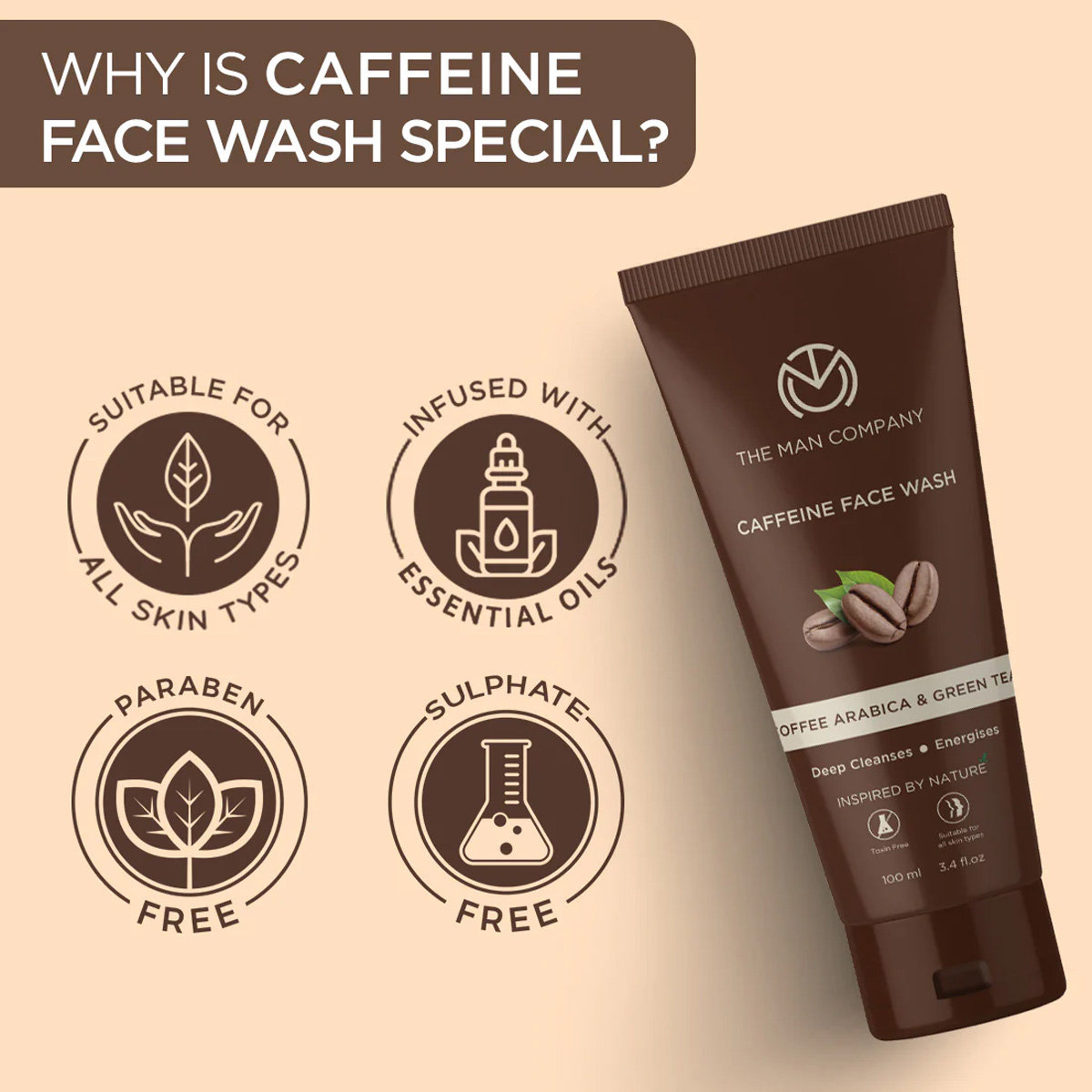The Man Company Caffeine Face Wash 100 ml | Coffee Arabica & Green Tea | Deep Cleansing | Energises, Rejuvenates & Hydrates | For All Skin Type, Pack of 1 The Man Company Caffeine Face Wash 100 ml | Coffee Arabica & Green Tea | Deep Cleansing | Energises, Rejuvenates & Hydrates | For All Skin Type, Pack of 1