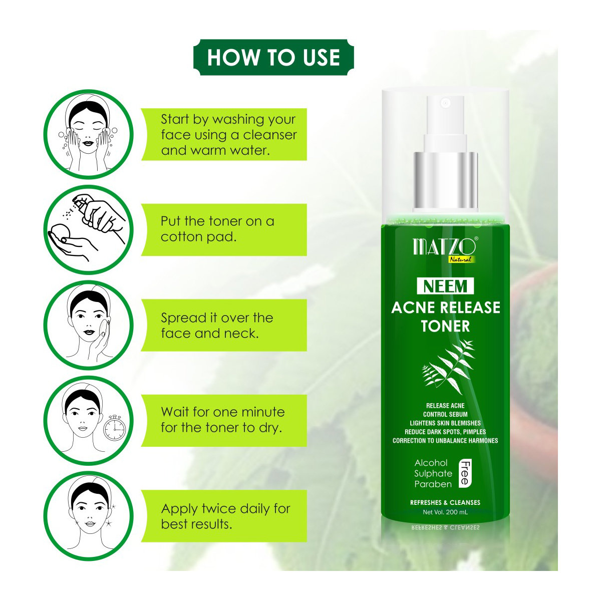 Matzo Neem Acne Release Toner 200 ml | Cleanses & Refreshes | Controls Excess Oil | Reduces Dark Spots, Pimples & Blemishes | 100% Natural | For Men & Women, Pack of 1 Matzo Neem Acne Release Toner 200 ml | Cleanses & Refreshes | Controls Excess Oil | Reduces Dark Spots, Pimples & Blemishes | 100% Natural | For Men & Women, Pack of 1