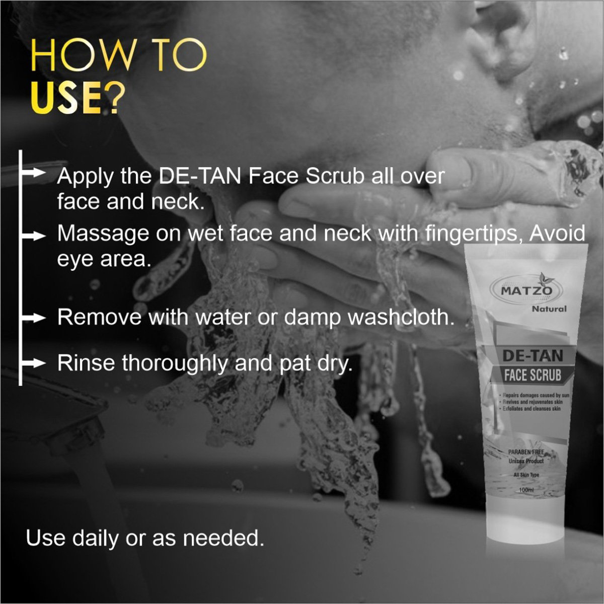 Matzo De-Tan Face Scrub 100 ml | Gently Exfoliates & Cleanses | Repairs Sun Damage | Revive & Rejuvenates Skin | For Men & Women | For All Skin Type, Pack of 1 Matzo De-Tan Face Scrub 100 ml | Gently Exfoliates & Cleanses | Repairs Sun Damage | Revive & Rejuvenates Skin | For Men & Women | For All Skin Type, Pack of 1