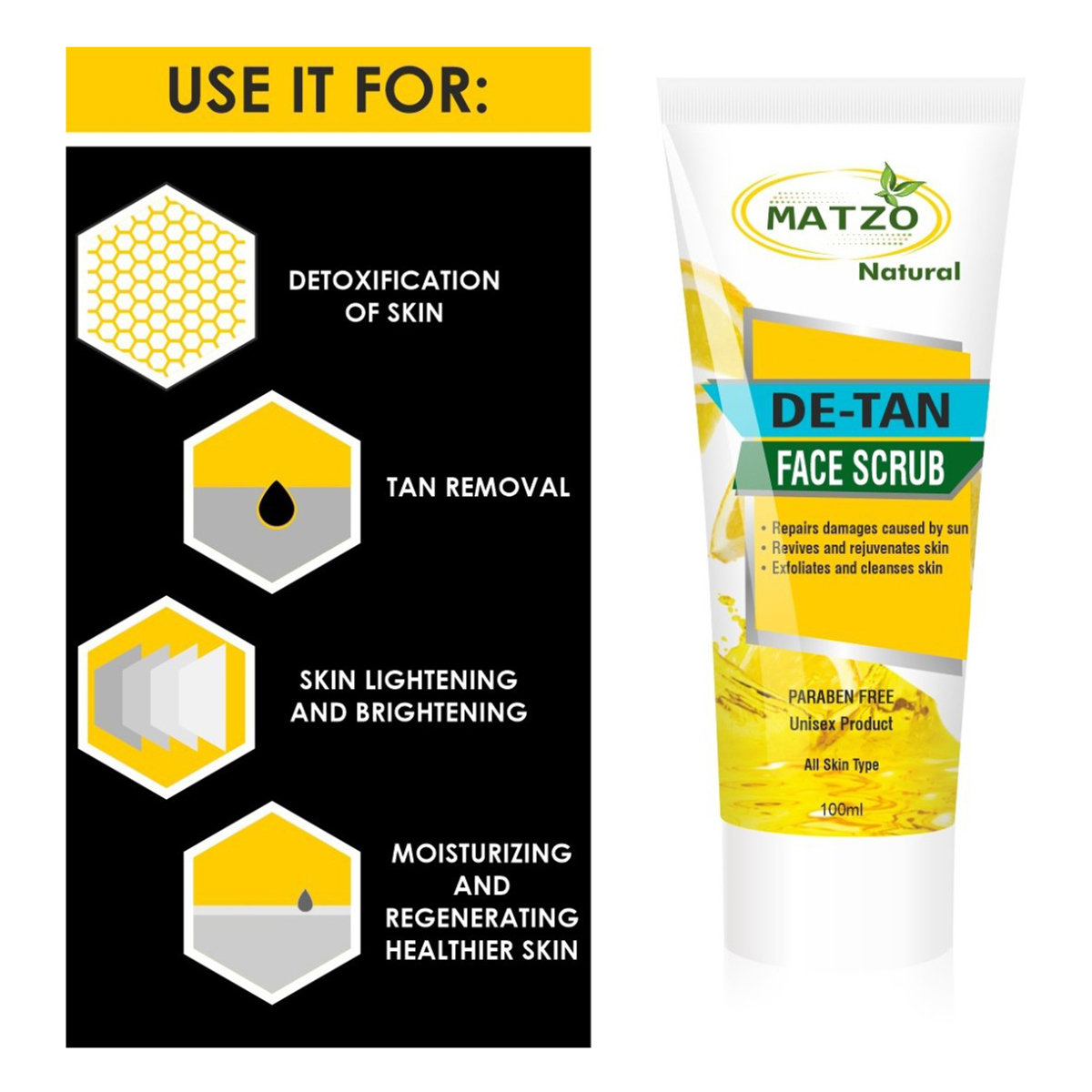 Matzo De-Tan Face Scrub 100 ml | Gently Exfoliates & Cleanses | Repairs Sun Damage | Revive & Rejuvenates Skin | For Men & Women | For All Skin Type, Pack of 1 Matzo De-Tan Face Scrub 100 ml | Gently Exfoliates & Cleanses | Repairs Sun Damage | Revive & Rejuvenates Skin | For Men & Women | For All Skin Type, Pack of 1