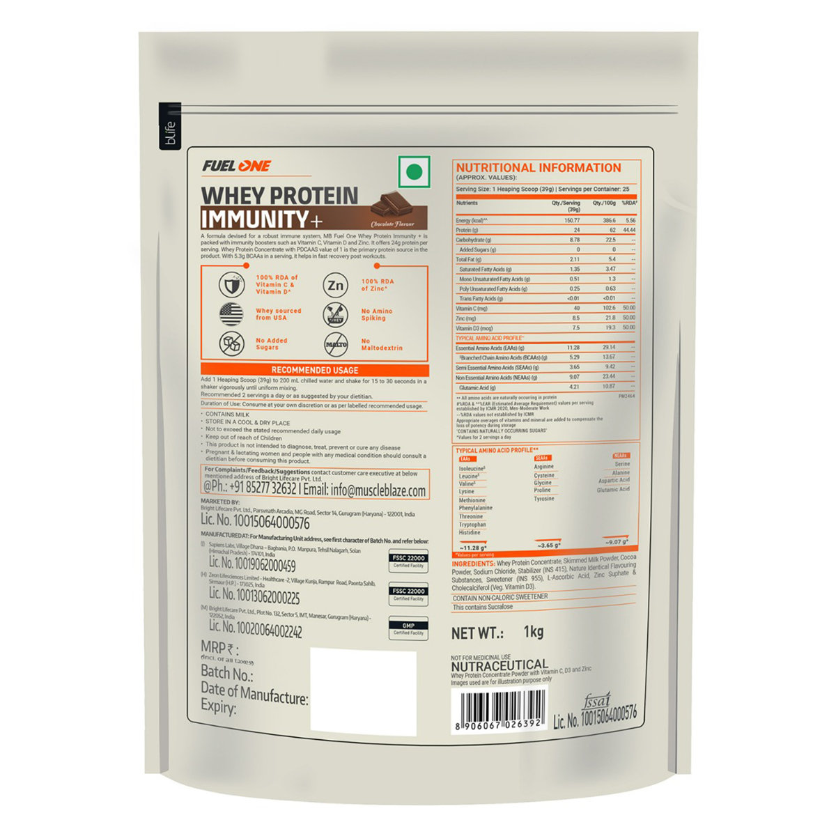 MuscleBlaze Fuel One Whey Protein Chocolate Flavour Powder, 1 kg, Pack of 1 MuscleBlaze Fuel One Whey Protein Chocolate Flavour Powder, 1 kg, Pack of 1