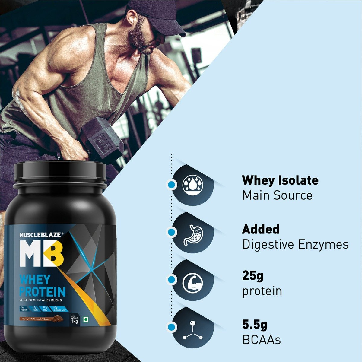 MuscleBlaze Whey Protein Rich Milk Chocolate Flavour Powder, 1 kg, Pack of 1 MuscleBlaze Whey Protein Rich Milk Chocolate Flavour Powder, 1 kg, Pack of 1