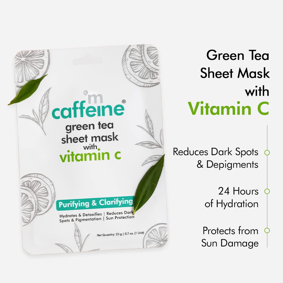 Mcaffeine Green Tea Sheet Mask with Vitamin C 20 gm | Green Tea Extract, Hyaluronic Acid, Aloe Vera Extract & Caffiene| Hydrates Skin Upto 24 Hrs | Reduces Dark Spots & Pigmentation |For All Skin Type, Pack of 1 Mcaffeine Green Tea Sheet Mask with Vitamin C 20 gm | Green Tea Extract, Hyaluronic Acid, Aloe Vera Extract & Caffiene| Hydrates Skin Upto 24 Hrs | Reduces Dark Spots & Pigmentation |For All Skin Type, Pack of 1