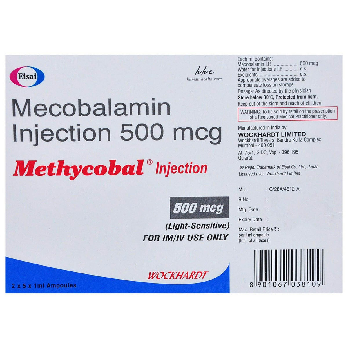 Methycobal 500 MCG Injection 5 x 1 ml , Pack of 5 INJECTIONS Methycobal 500 MCG Injection 5 x 1 ml , Pack of 5 INJECTIONS