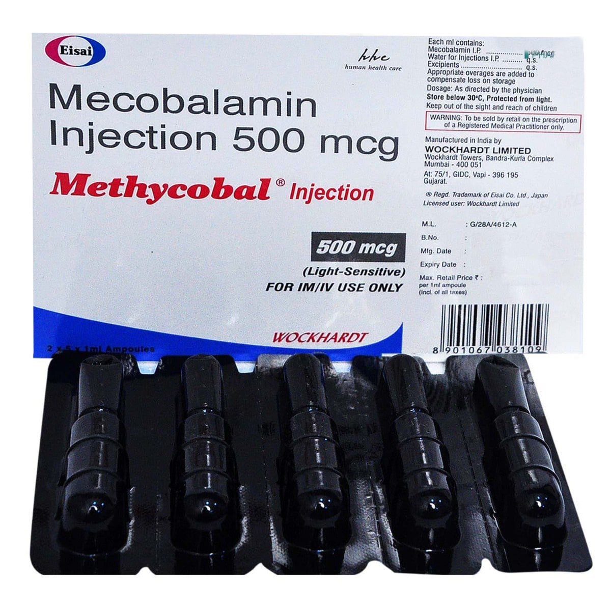 Methycobal 500 MCG Injection 5 x 1 ml , Pack of 5 INJECTIONS Methycobal 500 MCG Injection 5 x 1 ml , Pack of 5 INJECTIONS