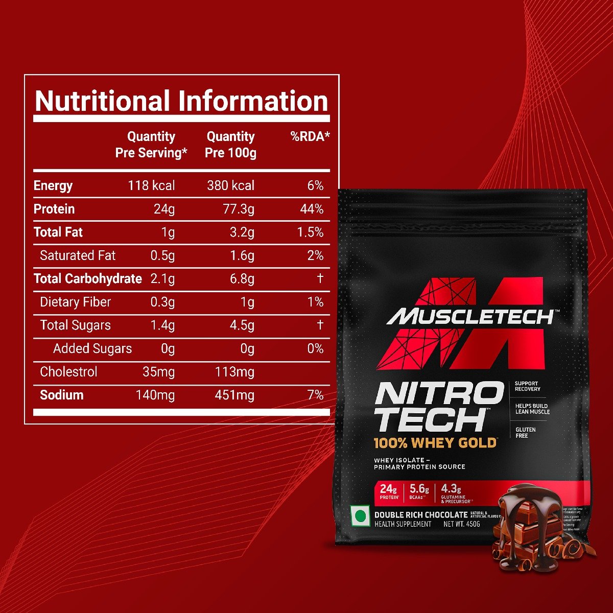 MuscleTech Nitrotech 100% Whey Gold Double Rich Chocolate Flavour Powder, 450 gm, Pack of 1 MuscleTech Nitrotech 100% Whey Gold Double Rich Chocolate Flavour Powder, 450 gm, Pack of 1