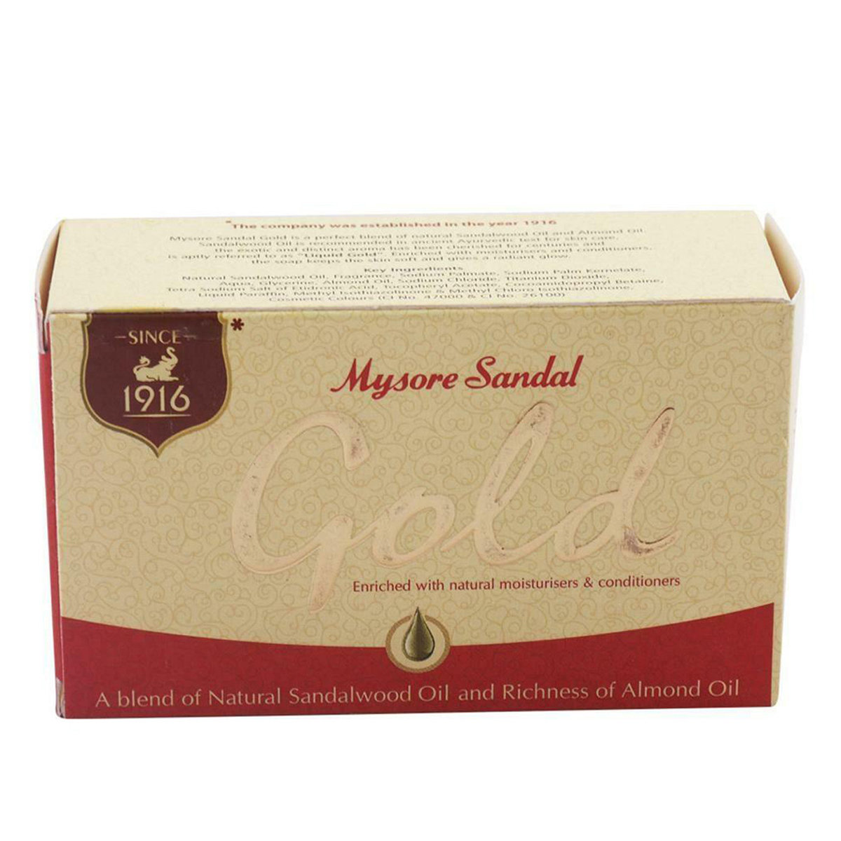 Mysore Sandal Gold Soap 125 gm | Natural Sandalwood Oil & Almond Oil | Moisturises Skin, Pack of 1 Mysore Sandal Gold Soap 125 gm | Natural Sandalwood Oil & Almond Oil | Moisturises Skin, Pack of 1