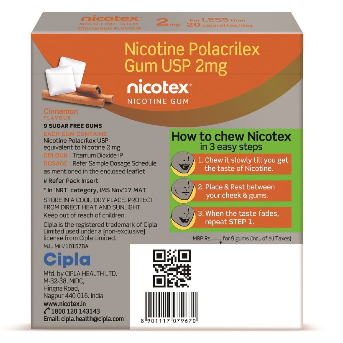 Nicotex Cinnamon Flavour Nicotine Gums 2 mg, 9 Count, Pack of 1 Nicotex Cinnamon Flavour Nicotine Gums 2 mg, 9 Count, Pack of 1