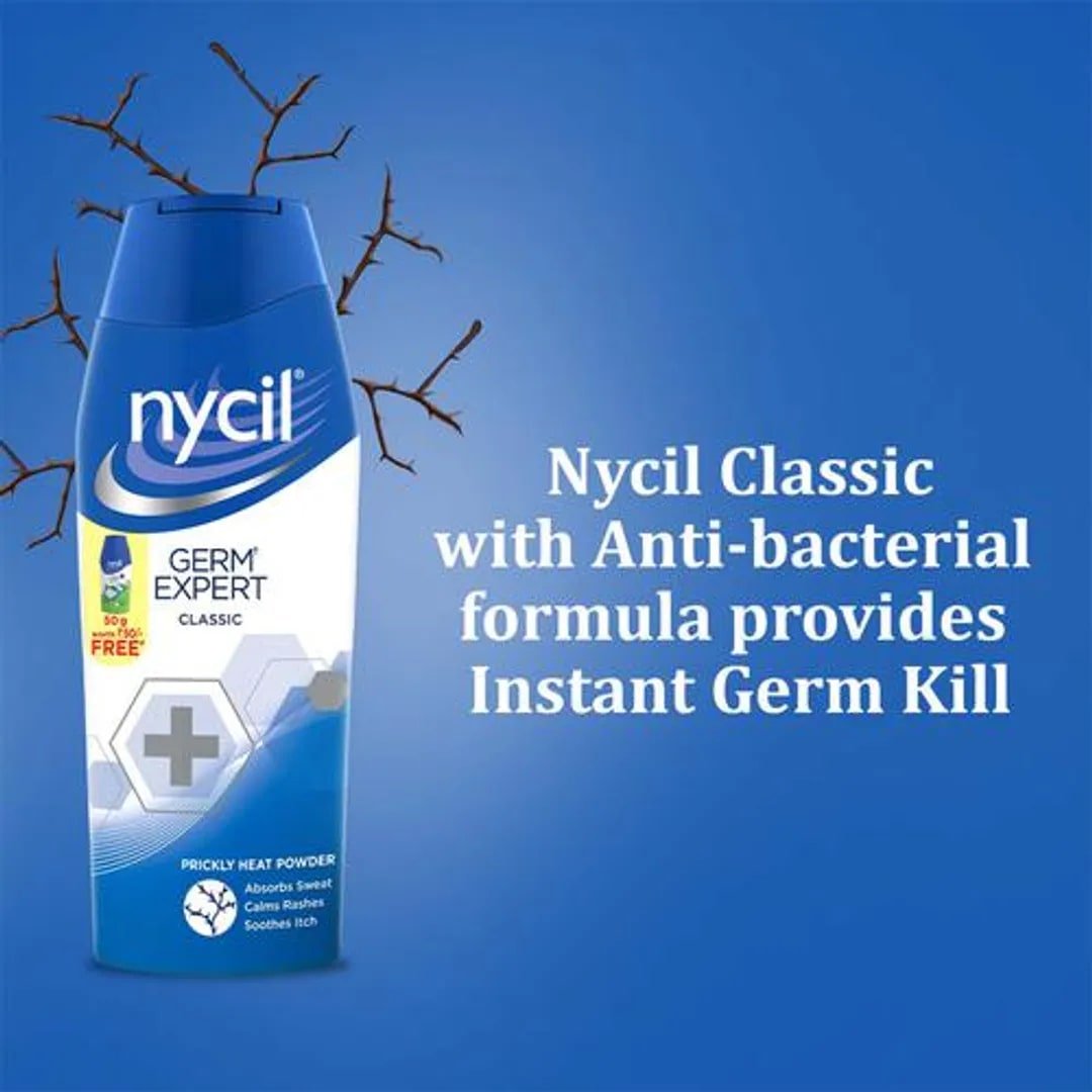 Nycil Germ Expert Classic Prickly Heat Powder 150 gm | Instant Germ Kill | Relieves Prickley Heat, Rashes, Itching | Fights Body Odour & Absorbs Sweat, Pack of 1 Nycil Germ Expert Classic Prickly Heat Powder 150 gm | Instant Germ Kill | Relieves Prickley Heat, Rashes, Itching | Fights Body Odour & Absorbs Sweat, Pack of 1