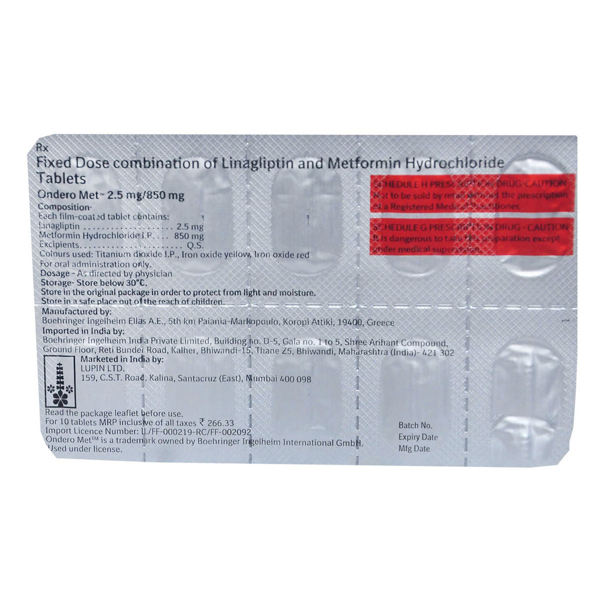 Ondero Met 2.5Mg/850Mg Tablet 10's, Pack of 10 TABLETS Ondero Met 2.5Mg/850Mg Tablet 10's, Pack of 10 TABLETS