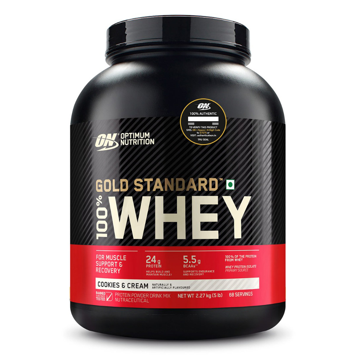 Optimum Nutrition (ON) Gold Standard 100% Whey Protein Cookies & Cream Flavour Powder, 2.27 kg, Pack of 1 Optimum Nutrition (ON) Gold Standard 100% Whey Protein Cookies & Cream Flavour Powder, 2.27 kg, Pack of 1