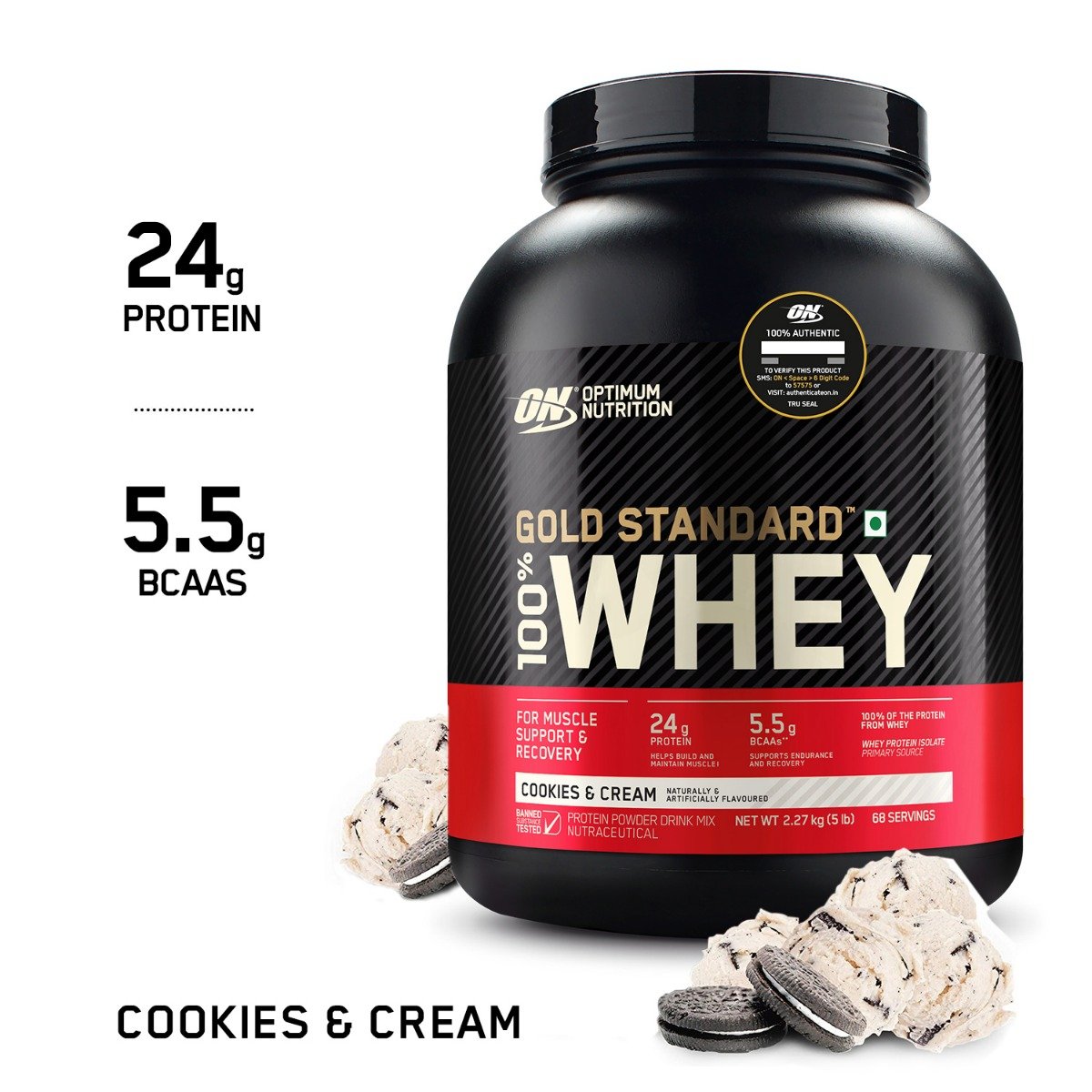 Optimum Nutrition (ON) Gold Standard 100% Whey Protein Cookies & Cream Flavour Powder, 2.27 kg, Pack of 1 Optimum Nutrition (ON) Gold Standard 100% Whey Protein Cookies & Cream Flavour Powder, 2.27 kg, Pack of 1