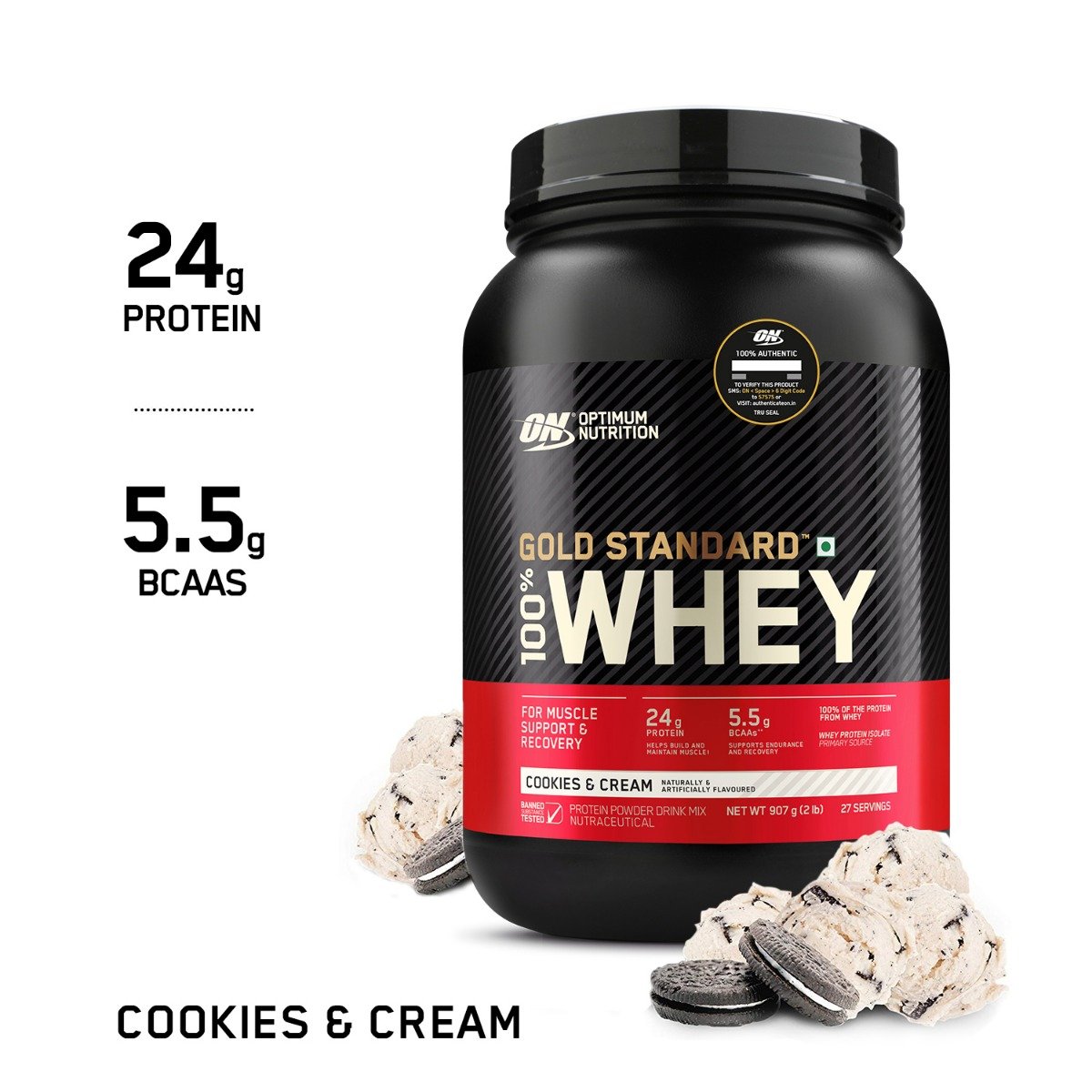 Optimum Nutrition (ON) Gold Standard 100% Whey Protein Cookies & Cream Flavour Powder, 907 gm, Pack of 1 Optimum Nutrition (ON) Gold Standard 100% Whey Protein Cookies & Cream Flavour Powder, 907 gm, Pack of 1