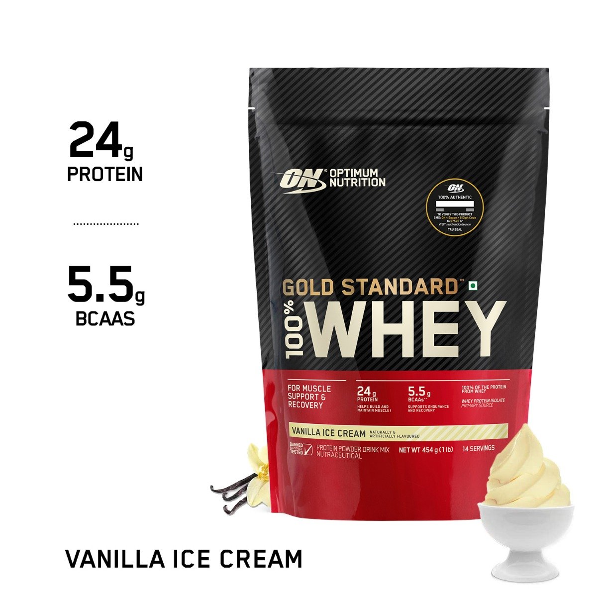 Optimum Nutrition (ON) Gold Standard 100% Whey Protein Vanilla Ice Cream Flavour Powder, 454 gm, Pack of 1 Optimum Nutrition (ON) Gold Standard 100% Whey Protein Vanilla Ice Cream Flavour Powder, 454 gm, Pack of 1