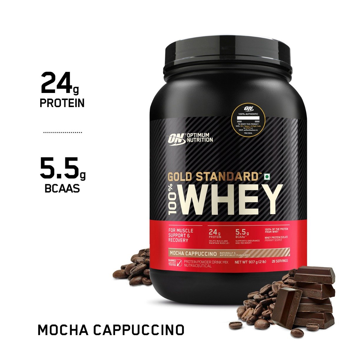 Optimum Nutrition (ON) Gold Standard 100% Whey Protein Mocha Cappuccino Flavour Powder, 2 lb, Pack of 1 Optimum Nutrition (ON) Gold Standard 100% Whey Protein Mocha Cappuccino Flavour Powder, 2 lb, Pack of 1