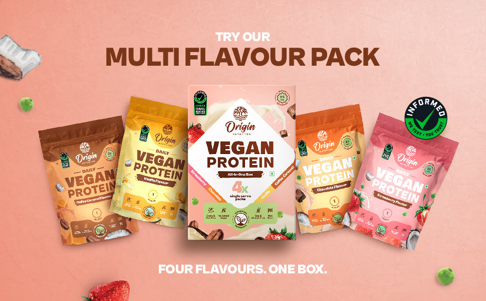 Origin Nutrition 100% Natural Vegan Protein Four Delicious Flavour Powder, 155.4 gm, Pack of 1 Origin Nutrition 100% Natural Vegan Protein Four Delicious Flavour Powder, 155.4 gm, Pack of 1