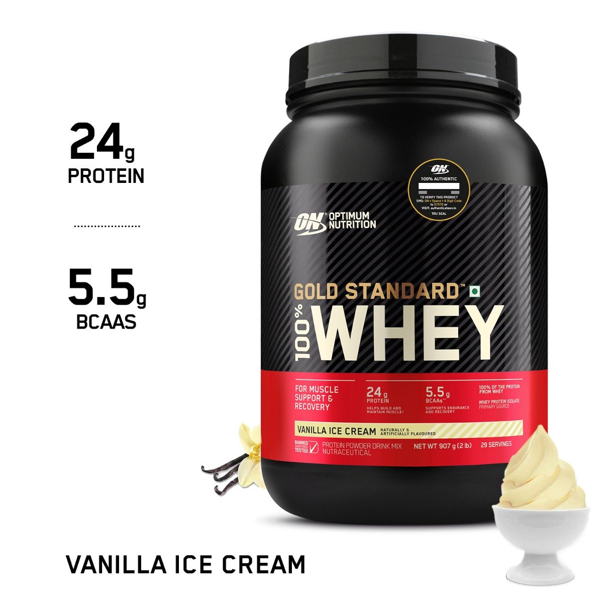 Optimum Nutrition (ON) Gold Standard 100% Whey Protein Vanilla Ice Cream Flavour Powder, 907 gm, Pack of 1 Optimum Nutrition (ON) Gold Standard 100% Whey Protein Vanilla Ice Cream Flavour Powder, 907 gm, Pack of 1