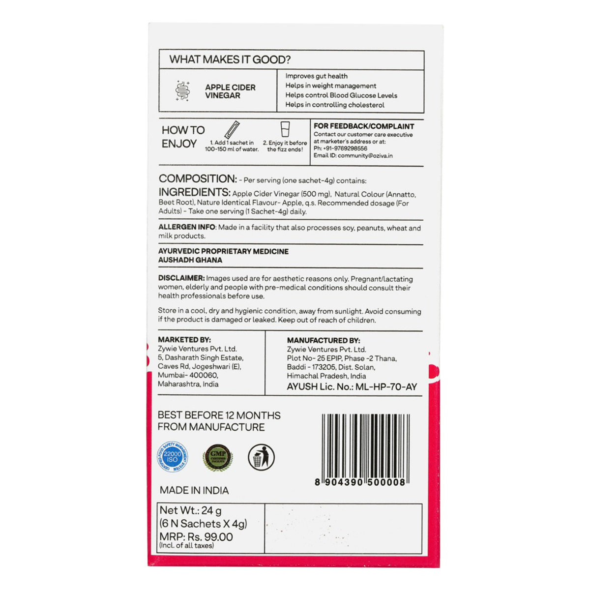 OZiva Apple Cider Vinegar Fizzy Drink, 6 Sachets (6x4 gm), Pack of 1 OZiva Apple Cider Vinegar Fizzy Drink, 6 Sachets (6x4 gm), Pack of 1