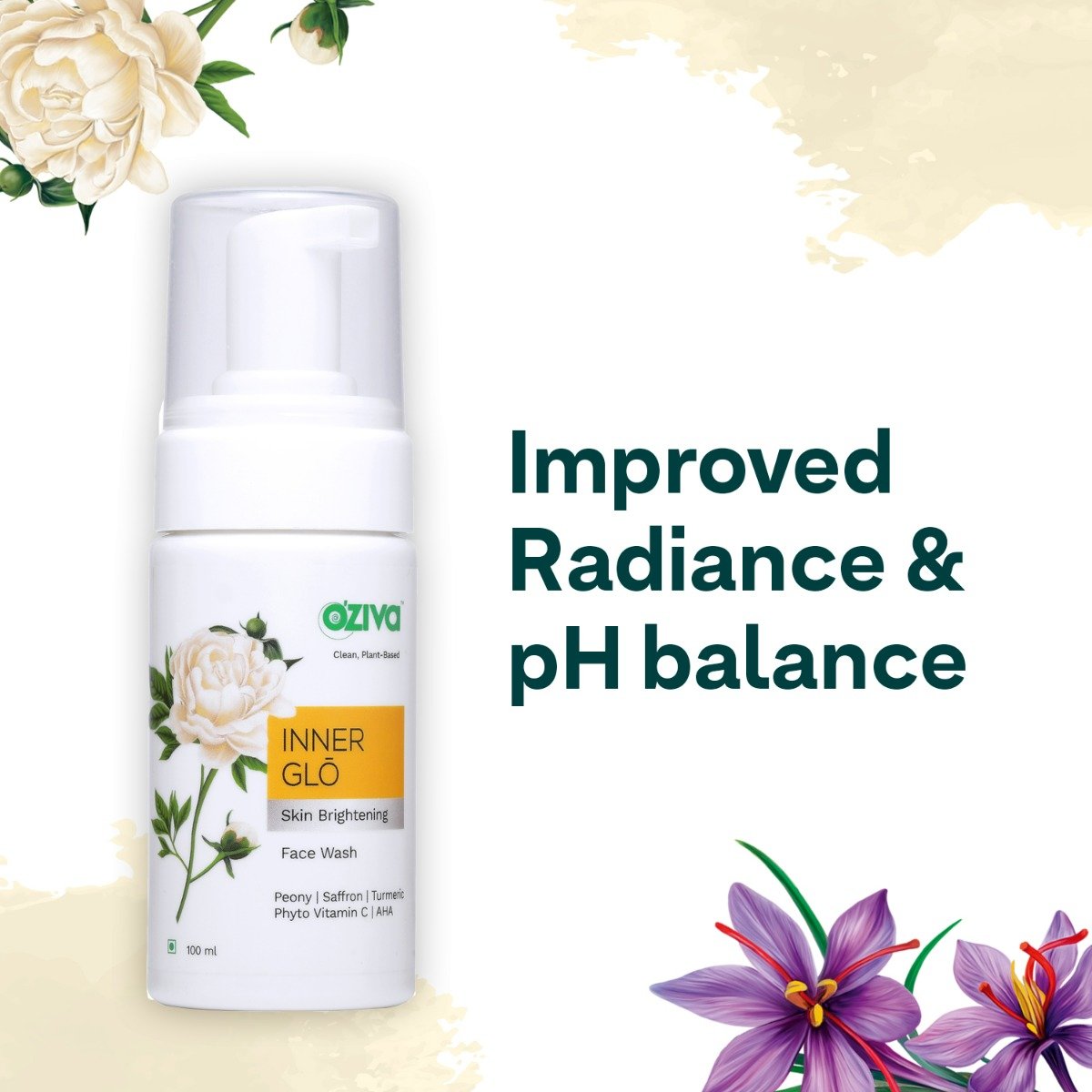 OZiva Inner Glo Skin Brightening Gel Face Wash 100 ml | White Peony Extract, Saffron, Turmeric, Phyto Vitamin C, AHA | Gentle Exfoliation | Increase Radiance | Gives Even Skin Tone | For Men & Women | For All Skin Type, Pack of 1 OZiva Inner Glo Skin Brightening Gel Face Wash 100 ml | White Peony Extract, Saffron, Turmeric, Phyto Vitamin C, AHA | Gentle Exfoliation | Increase Radiance | Gives Even Skin Tone | For Men & Women | For All Skin Type, Pack of 1