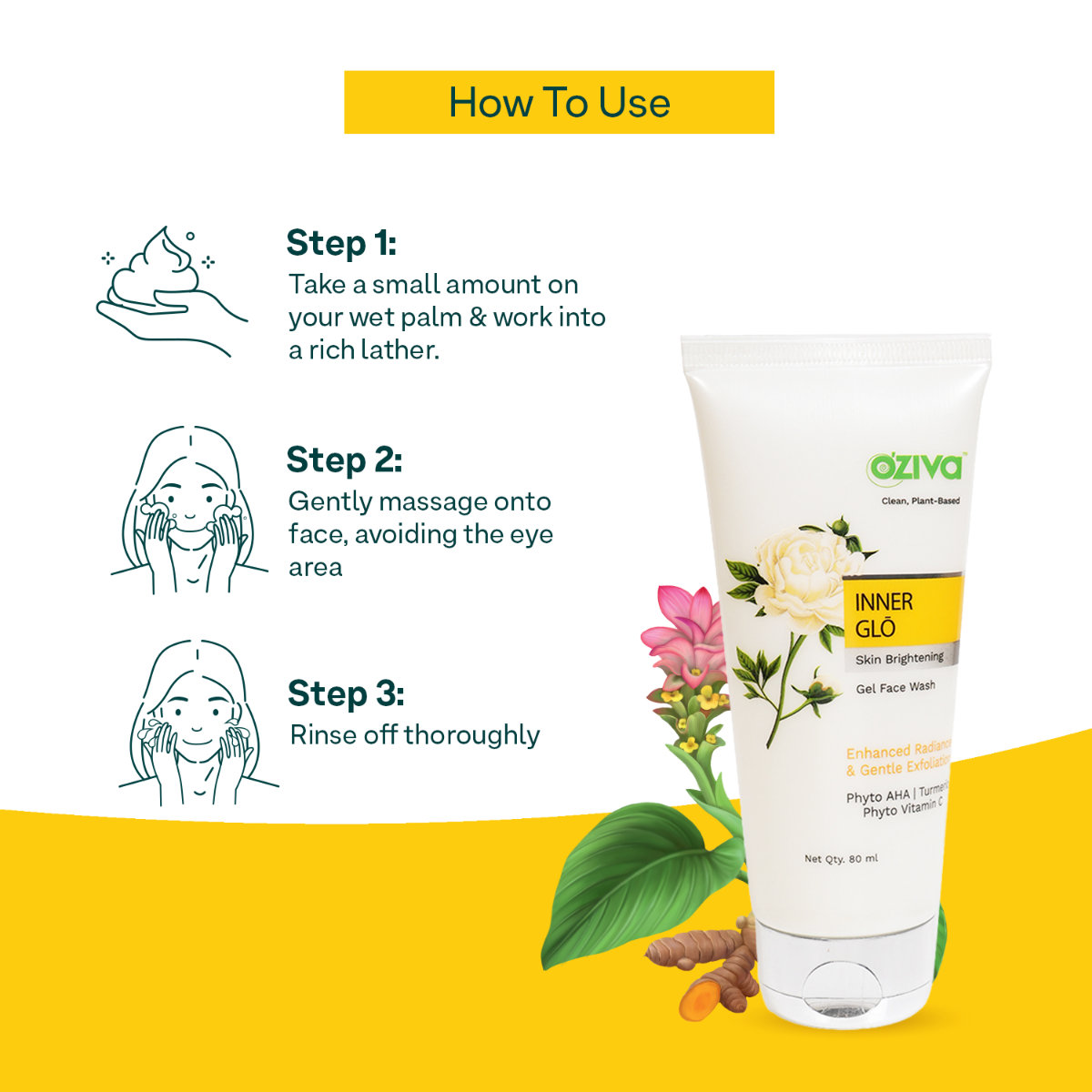 OZiva Inner Glo Skin Brightening Gel Face Wash 80 ml | White Peony Extract, Saffron, Turmeric, Phyto Vitamin C, AHA | Gentle Exfoliation | Increase Radiance | Gives Even Skin Tone | For Men & Women | For All Skin Type, Pack of 1 OZiva Inner Glo Skin Brightening Gel Face Wash 80 ml | White Peony Extract, Saffron, Turmeric, Phyto Vitamin C, AHA | Gentle Exfoliation | Increase Radiance | Gives Even Skin Tone | For Men & Women | For All Skin Type, Pack of 1
