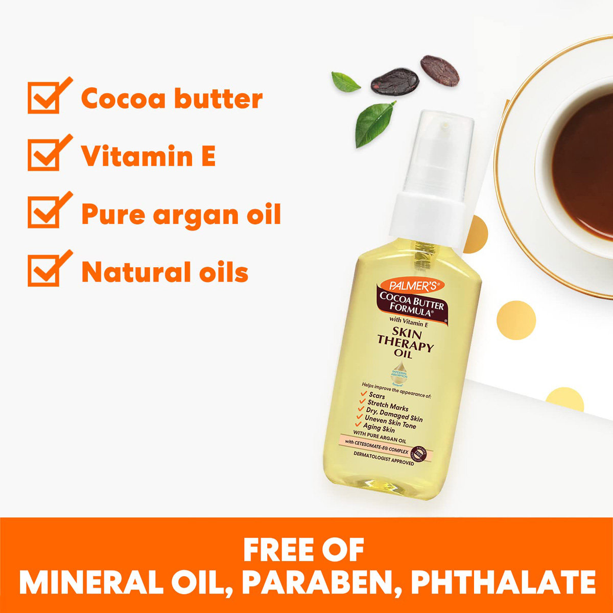 Palmers Cocoa Butter Formula Skin Therapy Oil 60 ml | Cocoa Butter, Vitamin E & Pure Argan Oil | Reduces Scars, Stretch Marks | Evens Skin Tone | Deep Hydration | 48 Hrs Moisture, Pack of 1 Palmers Cocoa Butter Formula Skin Therapy Oil 60 ml | Cocoa Butter, Vitamin E & Pure Argan Oil | Reduces Scars, Stretch Marks | Evens Skin Tone | Deep Hydration | 48 Hrs Moisture, Pack of 1