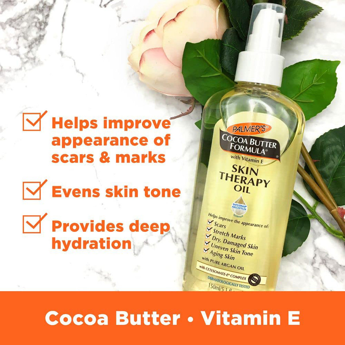 Palmers Cocoa Butter Formula Skin Therapy Oil 150 ml | Cocoa Butter, Vitamin E & Pure Argan Oil | Reduces Scars, Stretch Marks | Evens Skin Tone | Deep Hydration | 48 Hrs Moisture, Pack of 1 Palmers Cocoa Butter Formula Skin Therapy Oil 150 ml | Cocoa Butter, Vitamin E & Pure Argan Oil | Reduces Scars, Stretch Marks | Evens Skin Tone | Deep Hydration | 48 Hrs Moisture, Pack of 1